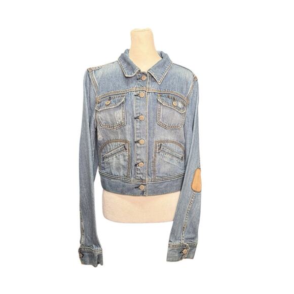 Vintage Y2K Denim Old Navy Womens Size Large Cropped Distressed Jean Jacket - Picture 1 of 9